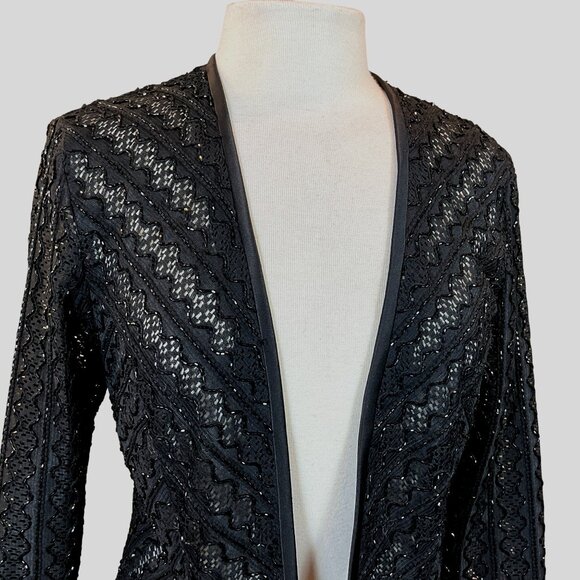 Bob Mackie Long Sleeve Black Open Front Lacy Beaded Evening Jacket Sz 8 - Picture 2 of 7